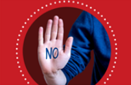 Red background with adult wearing a blue sweater and holding hand in the “STOP” position. The word NO is written on the person’s hand